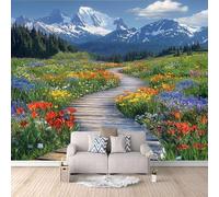 Mural Wallpaper 3D Mountain Flower Fields and Wooden Plank Roads Non-Woven Premium Art Print Wall Natural Imagery Mural Home Bedroom Living Room Poster Decoration-150x105cm