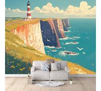 Mural Wallpaper 3D Seaside Lighthouse Non-Woven Premium Art Print Wall Cartoon Style Mural Home Bedroom Living Room Poster Decoration-250x175cm