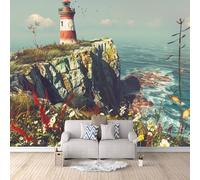 Mural Wallpaper 3D Seaside Lighthouse Non-Woven Premium Art Print Wall Cartoon Style Mural Home Bedroom Living Room Poster Decoration-250x175cm