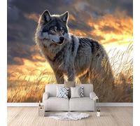 Mural Wallpaper 3D Steppe Wolf Non-Woven Premium Art Print Wall Sunset Mural Home Bedroom Living Room Poster Decoration-150x105cm