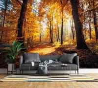 Mural Wallpaper 3D Sunlight Forest Non-Woven Wall Mural Wipeable | Matt Waterproof Panoramic Photo Wallpaper Woodland Fall Foliage Wall Art 300x210 cm for Living Room Bedroom Home Office C24