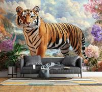 Mural Wallpaper 3D Tiger Floral Non-Woven Wall Mural Wipeable | Matt Waterproof Panoramic Photo Wallpaper Jungle Animal Wall Art 200x140 cm for Living Room Bedroom Home Office F1170