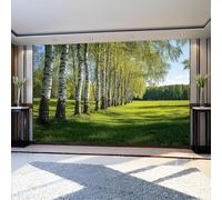 Mural Wallpaper A Row of Birch Trees in The Forest Non-Woven Art Print Wall Murals 300 x 210 cm Green Poster Picture Modern Decoration for Bedroom Living Room Nursery