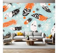 Mural Wallpaper Abstract Feathers and Snowflakes Non-Woven Art Print Wall Murals 300 x 210 cm Orange Color Poster Picture Modern Decoration for Bedroom Living Room Nursery