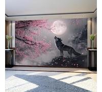 Mural Wallpaper Animal Wolf Moonlit Night Non-Woven Art Print Wall Murals 300 x 210 cm Grey Poster Picture Modern Decoration for Bedroom Living Room Nursery
