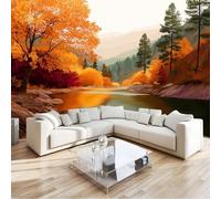 Mural Wallpaper Autumn Mountain Scenery, 3D Trees Rivers Wall Mural Orange Color Modern Background Wallpaper 300 X 210 Cm for Living Room Bedroom - Non Woven Home Poster