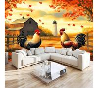 Mural Wallpaper Barn Animals Chicken, Farmhouse Style Art Print Wallpaper - Non-Woven Wall Mural W300 x H210 cm for Bedrooms Living Room Indoor Home Wall Decoration Paper Poster