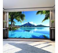 Mural Wallpaper Beach Palm Tree House 3D Effect Photo Wallpaper 300 x 210 cm Blue Non-Woven Wall Mural for Bedroom Living Room TV Background Decoration