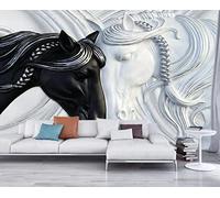 Mural Wallpaper Black White Horse Relief Effect Wallpaper 3D Effect Murals for Bedroom and Living Room Wall Decoration -KX34795, 250x175cm