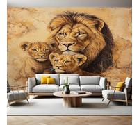 Mural Wallpaper Brown Lion Father and Son Photo Wallpaper 3D Effect 200 x 140 cm Non-Woven Wall Mural Home Bedroom Living Room Tv Background Poster Decoration