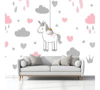 Mural Wallpaper Cartoon Pony Clouds Heart Shape 200 x 140 cm Modern Art Wall Mural, White Easy to Install Non-Woven Poster Photo Wallpaper, for Bedroom Living Room TV Backdrop Decor