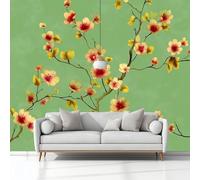 Mural Wallpaper Chinese Painting Flowers Branches 200 x 140 cm Modern Art Wall Mural, Light Green Easy to Install Non-Woven Poster Photo Wallpaper, for Bedroom Living Room TV Backdrop Decor