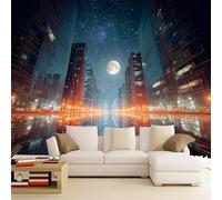 Mural Wallpaper City Buildings at Night 200x150cm,Bright Lights Silk Cloth Decor Wallpaper for Study Room Hotels Offices(Not Self Adhesive)