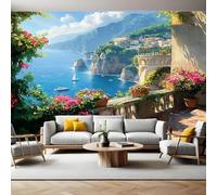 Mural Wallpaper Coastal Terrace View Photo Wallpaper 3D Effect 200 x 140 cm Non-Woven Wall Mural Home Bedroom Living Room Tv Background Poster Decoration