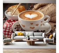 Mural Wallpaper Coffee and Coffee Beans Non-Woven Art Print Wall Murals 300 x 210 cm Light Brown Poster Picture Modern Decoration for Bedroom Living Room Nursery