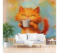 Mural Wallpaper Coffee Animal Cat 3D Effect Wall Mural, Non-Woven Print Painted Graffiti Photo Feature Wallpaper for Bedroom Living Room Decor Decals 365x254cm(W x H)