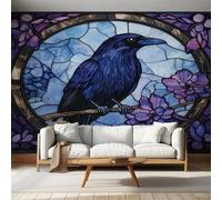 Mural Wallpaper Crow Raven Gothic Purple Flower, Murals Wall Art Goth Bird Stained Glass Mural, Wall Mural Non-Woven, for Indoor Home Decoration 250x175cm