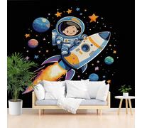 Mural Wallpaper Cute Astronaut Rocket 3D Effect Wall Mural, Non-Woven Print Galaxy Universe Planet Photo Feature Wallpaper for Bedroom Living Room Decor Decals 365x254cm(W x H)