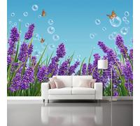 Mural Wallpaper Fairytale Cartoon, 250 x 175 cm Non Woven Wall Mural | Lavender Green Leaves Butterflies Bubbles Photo Wallpaper for Teen Kids Bedroom Playroom Home Decoration Removable Mural