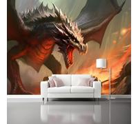 Mural Wallpaper Fantasy Animals Dragon Knight Non-Woven Art Print Wall Decor Poster Picture Design Modern Living Room Kitchen Bedroom Wall Wallpaper - 350 x 256 cm (W x H), Beige Orange