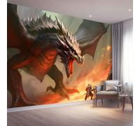 Mural Wallpaper Fantasy Animals Dragon Knight Non-Woven Art Print Wall Mural Decor Poster Picture Design Modern Living Room Kitchen Bedroom Wall Wallpaper - 200 x 140 cm (W x H), Beige Orange