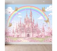 Mural Wallpaper Fantasy Fairy Tale, 300 x 210 cm Non Woven Wall Mural | Rainbow Castle Flowers Butterflies Photo Wallpaper for Teen Kids Bedroom Playroom Home Decoration Removable Mural