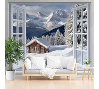 Mural Wallpaper Farmhouse Snowy Mountain Scenery 3D Effect Wall Mural, Non-Woven Print Winter Nature Scenery Photo Feature Wallpaper for Bedroom Living Room Decor Decals 500x317cm(W x H)