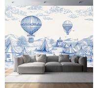 Mural Wallpaper for Hand-Painted Hot Air Balloon Light Blue Wall Art for Bedroom, 300 x 210 cm Murals for Bedroom,for Living Room Kids Bedroom Office Hallway Kitchen Light Blue White