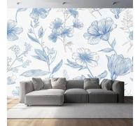 Mural Wallpaper for Line Drawing Flowers Blue Wall Art for Bedroom, 400 x 280 cm Murals for Bedroom,for Living Room Kids Bedroom Office Hallway Kitchen Blue White