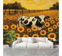 Mural Wallpaper for Living 300x210cm Pastoral SunFloral Cow Photo Wallpaper Non-Woven Wall Mural Poster Yellow Modern Bedroom TV Background Decor