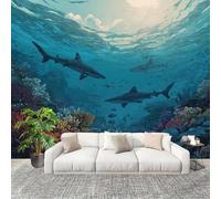 Mural Wallpaper for Living 350x256cm Marine Animals Sharks Photo Wallpaper Non-Woven Wall Mural Poster Blue Modern Bedroom TV Background Decor