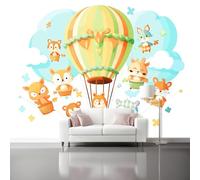 Mural Wallpaper for Sofa Background - Cartoon Animals Hot Air Balloon Living Room Tv Wallpaper Wall 150 x 105 cm (W x H), White Non-Woven Art Print Murals for Kids Room Bedroom Decor