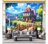 Mural Wallpaper for Sofa Background - Idyllic Cottage Village Living Room Tv Wallpaper Wall 400 x 280 cm (W x H), Blue Non-Woven Art Print Murals for Kids Room Bedroom Decor