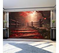 Mural Wallpaper Forest Red Leaf Stone Steps Non-Woven Art Print Wall Murals 300 x 210 cm Red Poster Picture Modern Decoration for Bedroom Living Room Nursery