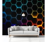Mural Wallpaper Geometric Neon Hexagons 200 x 140 cm Modern Art Wall Mural, Black Easy to Install Non-Woven Poster Photo Wallpaper, for Bedroom Living Room TV Backdrop Decor