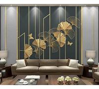 Mural Wallpaper Golden Geometric Lines Ginkgo Leaves Butterfly 350x250cm Wallpaper 3D Wall Mural for Living Room and Bedroom -MIWEI Wallpaper-ZXY-24513