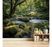 Mural Wallpaper Green 3D Poster Non-Woven Photo Wallpaper, Forest River Tree Moss Mural for Living Room Bedroom Children's Room Hallway Wall Decoration 400 x 280 cm (Not Self - Adhesive)