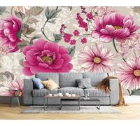 Mural Wallpaper Hand-Painted Flowers Wall Mural Decoration Peony And Chrysanthemum Prints Poster Picture Photo Wallpaper 450 × 315 Cm Wall Paper For Home Living Room Kids Bedroom Deco Light Gray