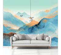 Mural Wallpaper Ink Painting Mountains Flying Birds 200 x 140 cm Modern Art Wall Mural, Green Easy to Install Non-Woven Poster Photo Wallpaper, for Bedroom Living Room TV Backdrop Decor