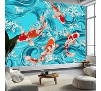 Mural Wallpaper Japanese Art Style - Bedroom Living Room Sofa TV Background Home Wall Decor, Water Waves Fish for Office Dorm Dining Room Kid's Room 200 x 140 cm