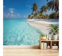 Mural Wallpaper Light Blue 3D Poster Non-Woven Photo Wallpaper, Coastal Beach Sky Palm Trees Mural for Living Room Bedroom Children's Room Hallway Wall Decoration 200 x 140 cm (Not Self - Adhesive)