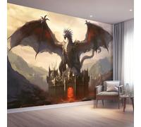 Mural Wallpaper Mystery Dragon Castle Painting Non-Woven Art Print Wall Mural Decor Poster Picture Design Modern Living Room Kitchen Bedroom Wall Wallpaper - 200 x 140 cm (W x H), Dark Gray