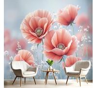 Mural Wallpaper Natural Floral Landscape Wall Mural Decoration Watercolor Red Poppy Flowers Poster Picture Photo Wallpaper 300×210 cm Wall Paper for Home Living Room Kids Bedroom Deco Light Red