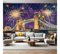 Mural Wallpaper Night View of Tower Bridge Fireworks Photo Wallpaper 3D Effect 200 x 140 cm Non-Woven Wall Mural Home Bedroom Living Room Tv Background Poster Decoration
