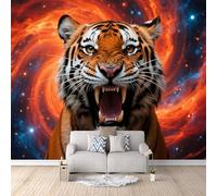 Mural Wallpaper Non-Woven Psychedelic Tiger, Wallpaper for Girls Bedroom Wildlife Landscape Tv Background Wall No Mess No Fuss Premium Decoration Odourless Printing 500X280Cm