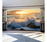 Mural Wallpaper Ocean Waves and Sunrise Non-Woven Art Print Wall Murals 300 x 210 cm Yellow Poster Picture Modern Decoration for Bedroom Living Room Nursery