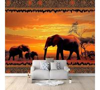 Mural Wallpaper Orange Color Wallpaper Mural Photo Print Design Wall Mural Art Print Wall Decoration Poster African Elephants Sunset Living Room Feature Wall Bedroom 138" x 101" (350 x 256 Cm)