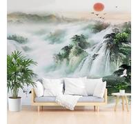 Mural Wallpaper Oriental Art Natural Scenery Non-Woven Wall Mural Decoration Poster Picture Photo Wallpaper 500x317cm(W x H) Sunset Waterfall Green Wall Paper for Home Living Room Bedroom Kitchen