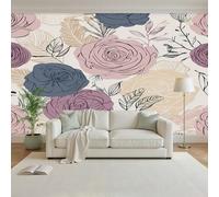 Mural Wallpaper Painted Roses and Plants 3D Effect Wall Mural, Non-Woven Print Geometric Floral and Leaves Photo Feature Wallpaper for Bedroom Living Room Decor Decals 500X317Cm(W X H)