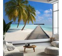 Mural Wallpaper Photography Maldives Beach Palm Trees Wooden Path 200 x 140 cm Modern Art Wall Mural, Blue Easy to Install Non-Woven Poster Photo Wallpaper - Bedroom Living Room TV Backdrop Decor